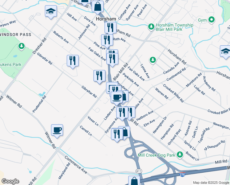 map of restaurants, bars, coffee shops, grocery stores, and more near Pennsylvania 611 in Willow Grove