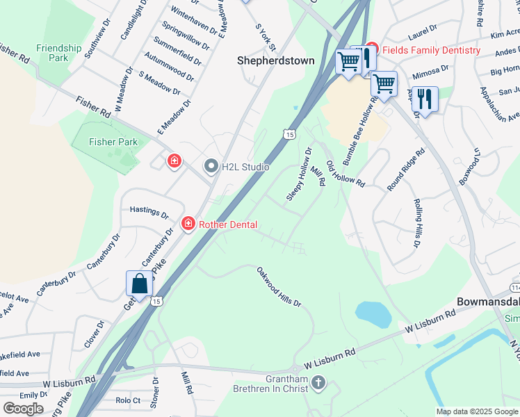map of restaurants, bars, coffee shops, grocery stores, and more near 2389 Mill Road in Mechanicsburg