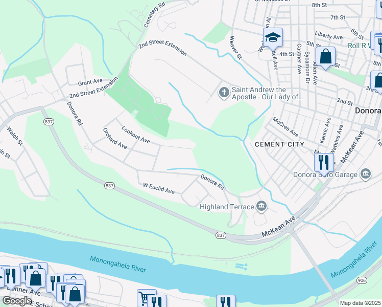 map of restaurants, bars, coffee shops, grocery stores, and more near 24 Willow Drive in Monessen