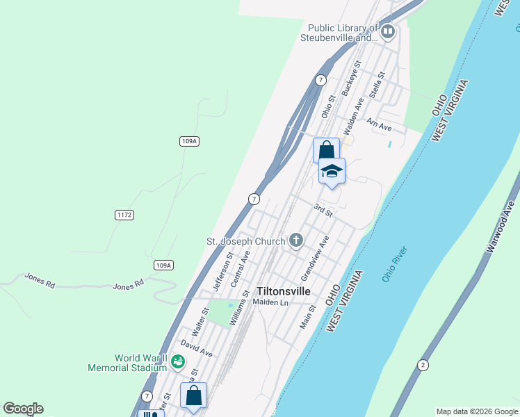 map of restaurants, bars, coffee shops, grocery stores, and more near 122 Central Avenue in Tiltonsville