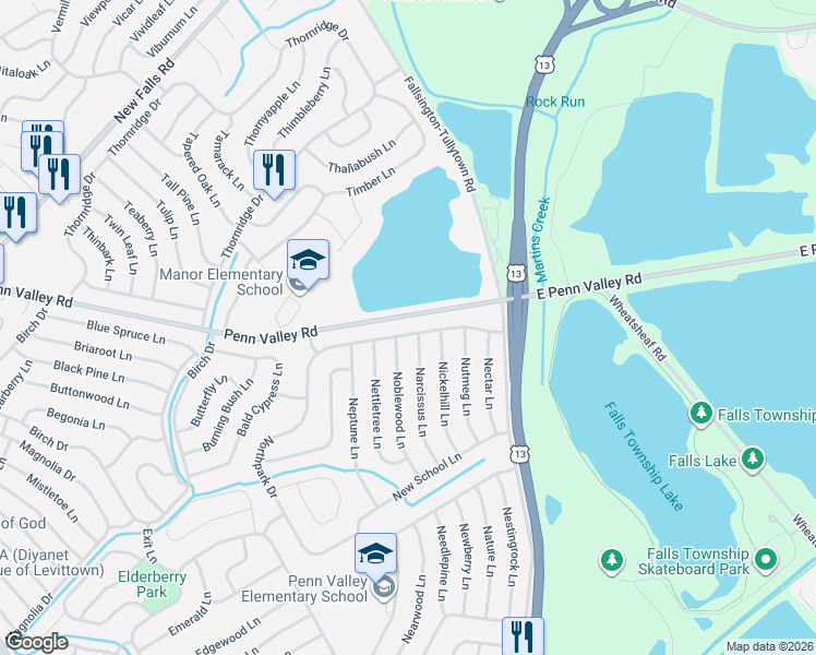 map of restaurants, bars, coffee shops, grocery stores, and more near 70 Noblewood Lane in Levittown