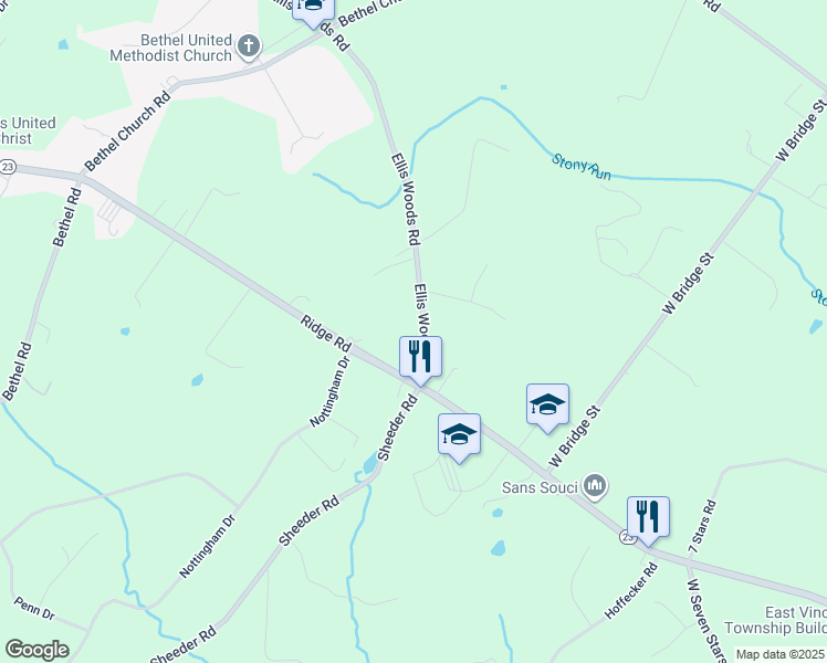 map of restaurants, bars, coffee shops, grocery stores, and more near 1624 Ellis Woods Road in Phoenixville