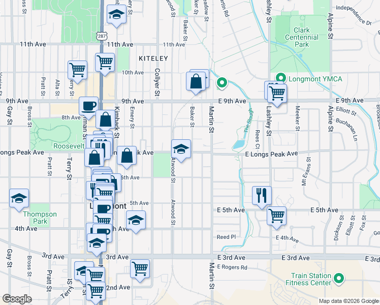 map of restaurants, bars, coffee shops, grocery stores, and more near 111 Longs Peak Avenue in Longmont