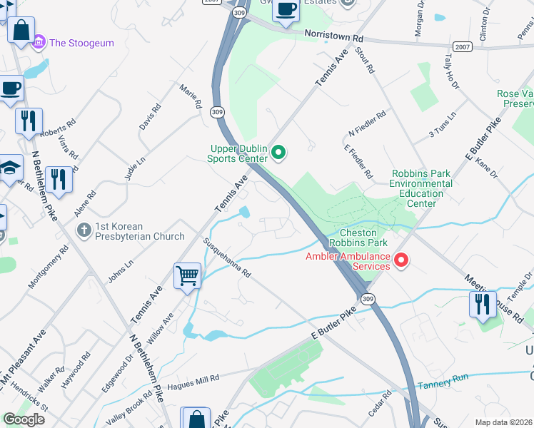 map of restaurants, bars, coffee shops, grocery stores, and more near 1200 Algonquin Pass in Ambler