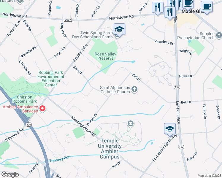 map of restaurants, bars, coffee shops, grocery stores, and more near 1556 Temple Drive in Maple Glen