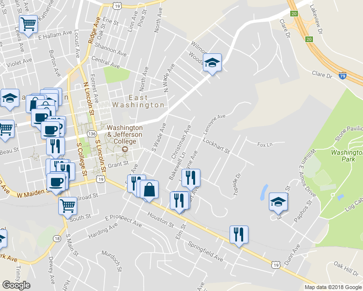 map of restaurants, bars, coffee shops, grocery stores, and more near 108 Christman Avenue in Washington