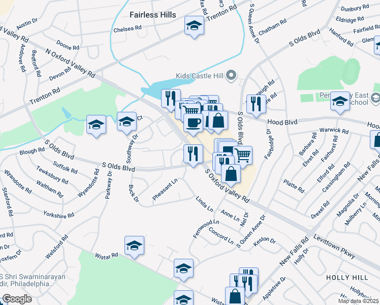 map of restaurants, bars, coffee shops, grocery stores, and more near 216 Chilton Way in Fairless Hills