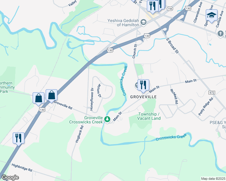 map of restaurants, bars, coffee shops, grocery stores, and more near 93 Honeyflower Drive in Trenton