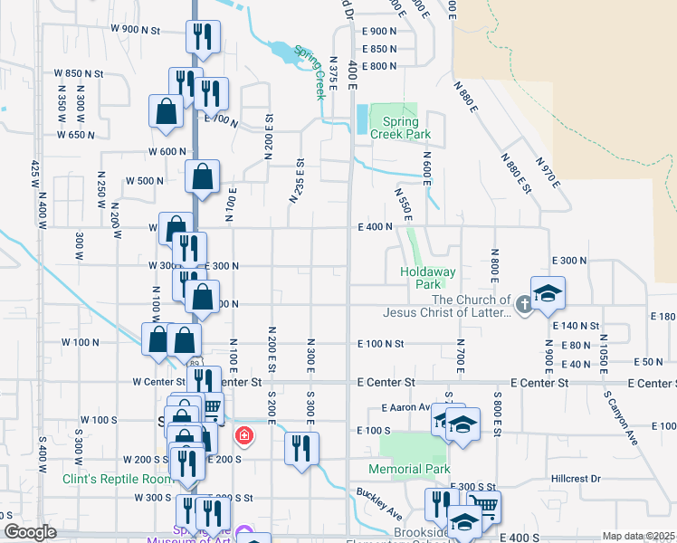 map of restaurants, bars, coffee shops, grocery stores, and more near 333 East 200 North in Springville