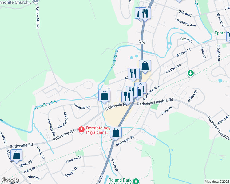 map of restaurants, bars, coffee shops, grocery stores, and more near 1063 Henn Avenue in Ephrata