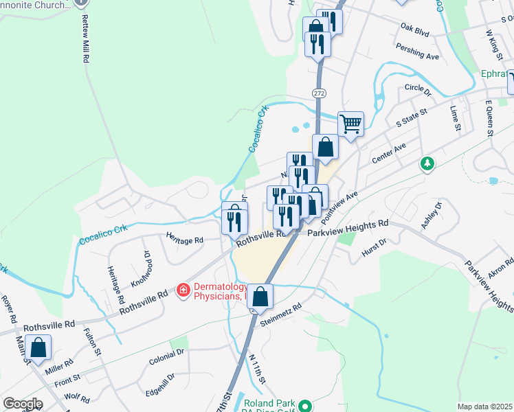 map of restaurants, bars, coffee shops, grocery stores, and more near 1063 Henn Avenue in Ephrata
