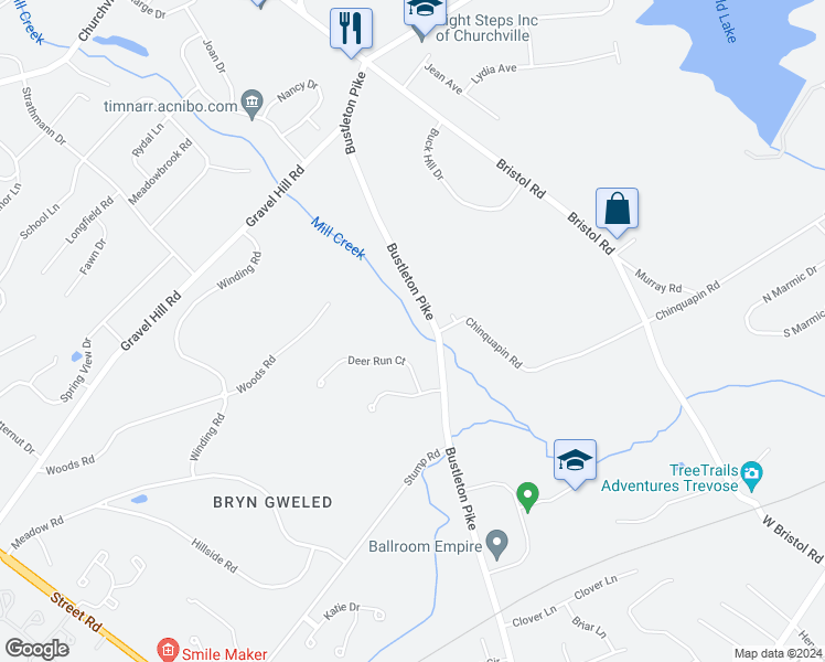 map of restaurants, bars, coffee shops, grocery stores, and more near 1744 Bustleton Pike in Churchville