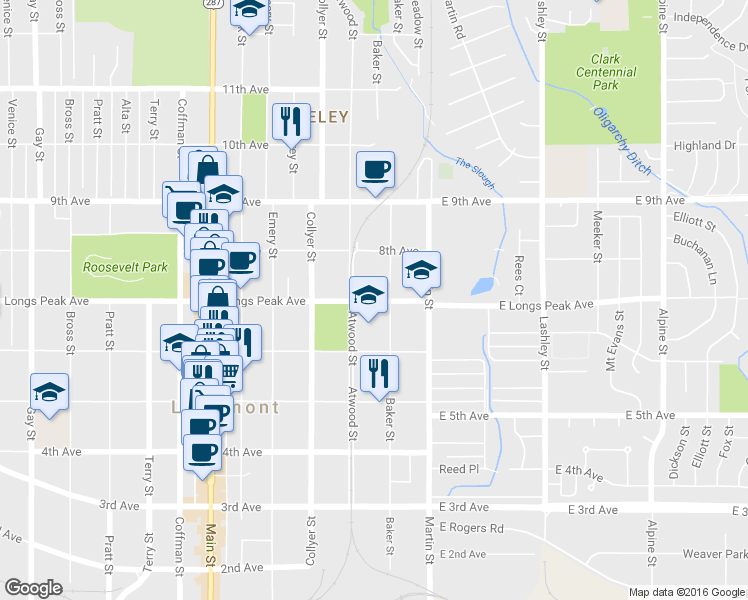 map of restaurants, bars, coffee shops, grocery stores, and more near 698 Atwood St in Longmont