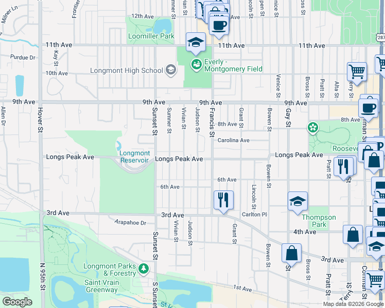 map of restaurants, bars, coffee shops, grocery stores, and more near 436 Vivian Street in Longmont