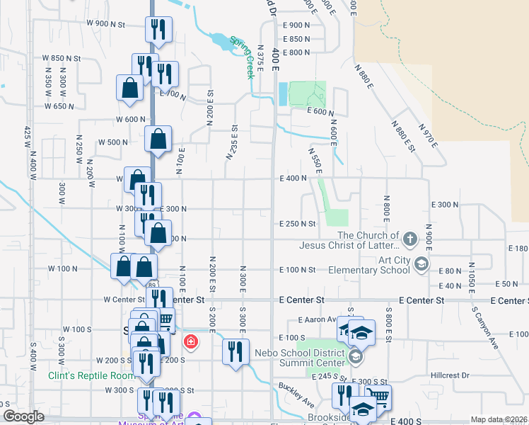 map of restaurants, bars, coffee shops, grocery stores, and more near 333 East 200 North in Springville