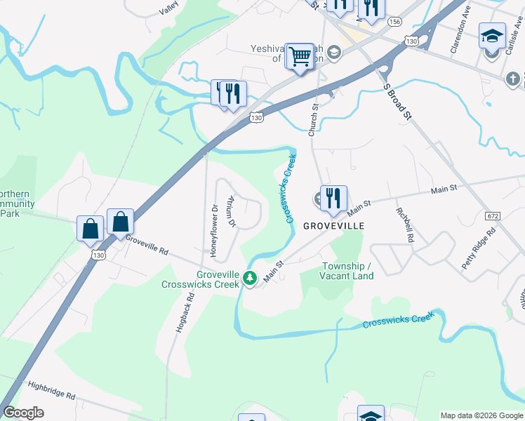 map of restaurants, bars, coffee shops, grocery stores, and more near 93 Honeyflower Drive in Trenton