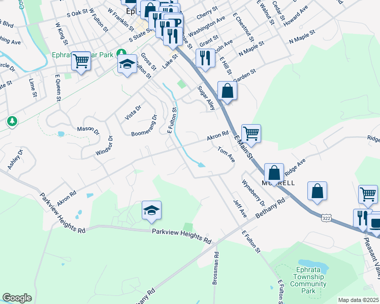 map of restaurants, bars, coffee shops, grocery stores, and more near 224 East Fulton Street in Ephrata