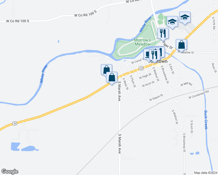map of restaurants, bars, coffee shops, grocery stores, and more near 9881 Indiana 32 in Yorktown