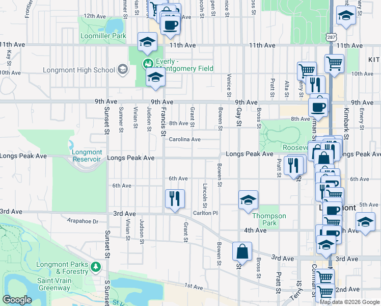 map of restaurants, bars, coffee shops, grocery stores, and more near 1245 Longs Peak Avenue in Longmont