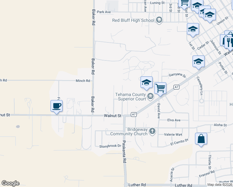 map of restaurants, bars, coffee shops, grocery stores, and more near Beau Lane in Red Bluff