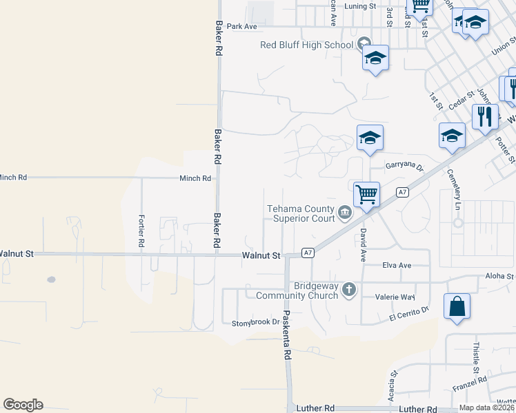 map of restaurants, bars, coffee shops, grocery stores, and more near 2006 Walnut Street in Red Bluff
