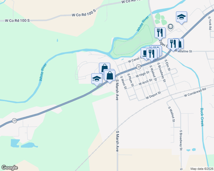 map of restaurants, bars, coffee shops, grocery stores, and more near 9881 Indiana 32 in Yorktown