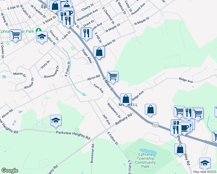 map of restaurants, bars, coffee shops, grocery stores, and more near 635 East Main Street in Ephrata