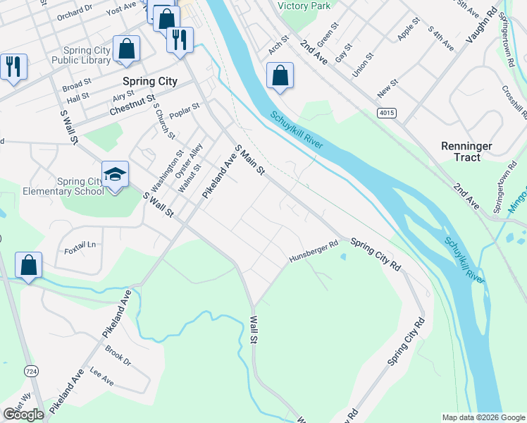 map of restaurants, bars, coffee shops, grocery stores, and more near 515 Wall Street in Phoenixville