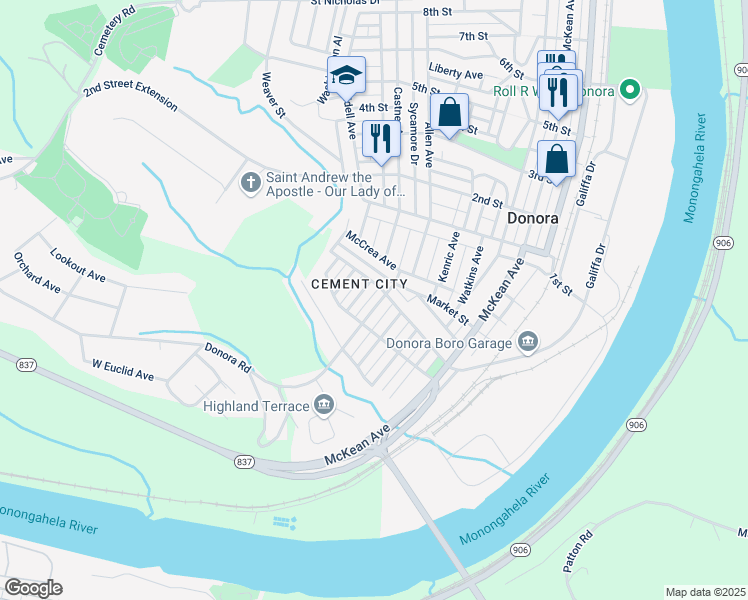 map of restaurants, bars, coffee shops, grocery stores, and more near 134 Modisette Avenue in Donora