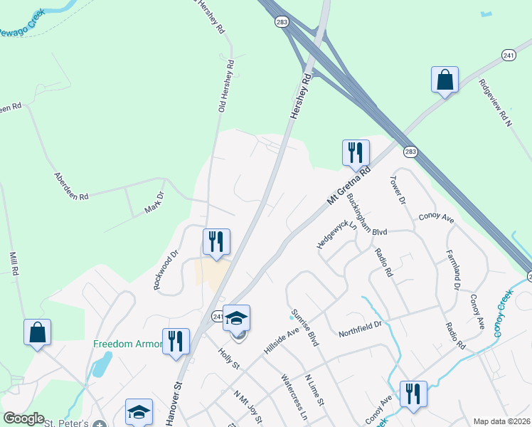 map of restaurants, bars, coffee shops, grocery stores, and more near 218 Hershey Road in Elizabethtown