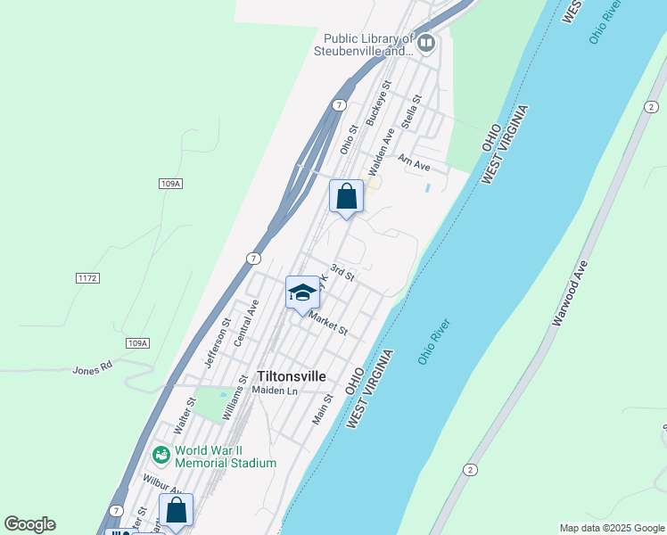 map of restaurants, bars, coffee shops, grocery stores, and more near 100 Walden Avenue in Tiltonsville