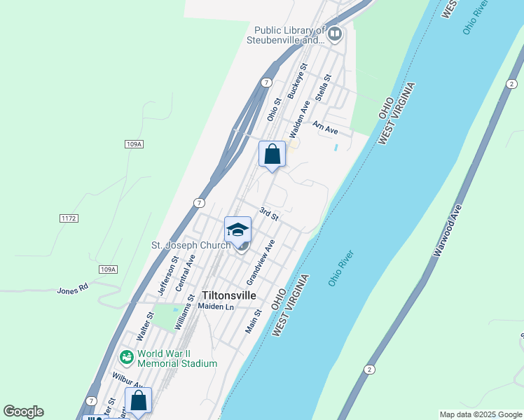 map of restaurants, bars, coffee shops, grocery stores, and more near 100 Walden Avenue in Tiltonsville
