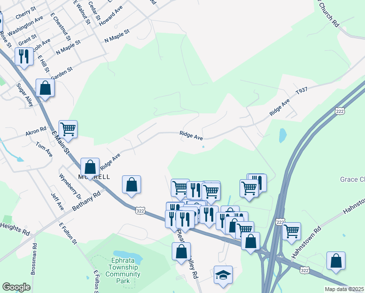 map of restaurants, bars, coffee shops, grocery stores, and more near 133 Ridge Avenue in Ephrata