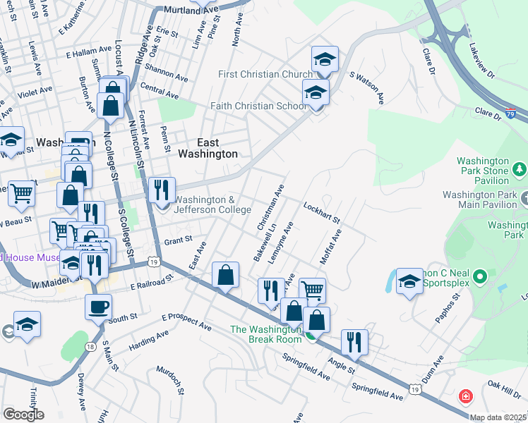 map of restaurants, bars, coffee shops, grocery stores, and more near 93 Christman Avenue in Washington