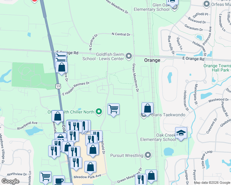 map of restaurants, bars, coffee shops, grocery stores, and more near 645 Spring Valley Drive in Lewis Center