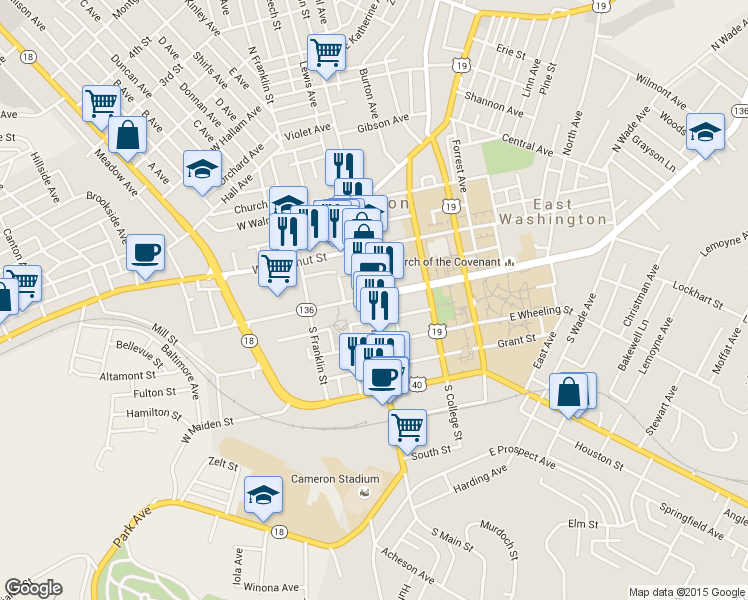 map of restaurants, bars, coffee shops, grocery stores, and more near 6 South Main Street in Washington