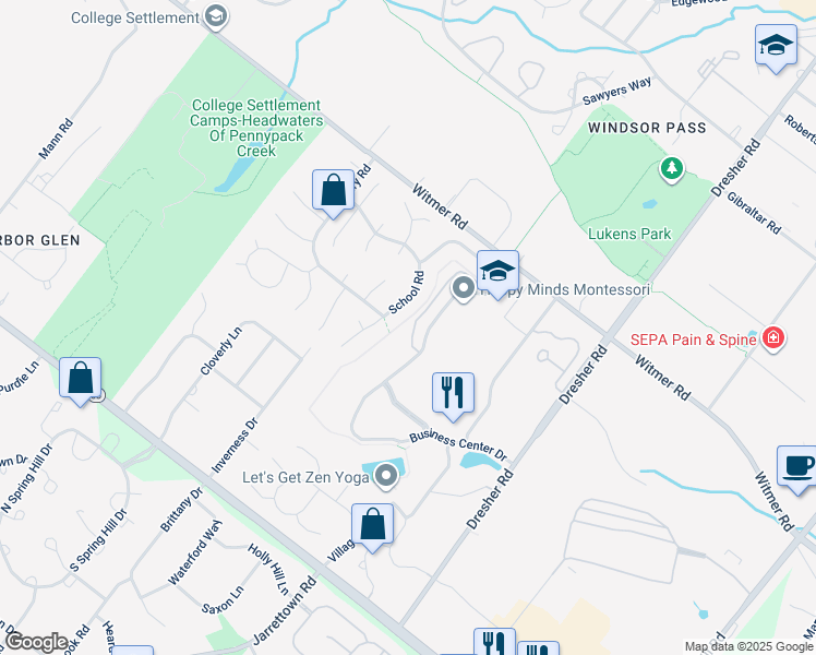 map of restaurants, bars, coffee shops, grocery stores, and more near 654 Manor Drive in Horsham