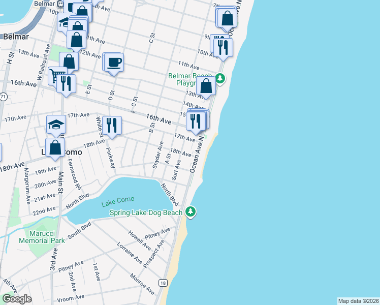 map of restaurants, bars, coffee shops, grocery stores, and more near 1607 Ocean Avenue in Belmar
