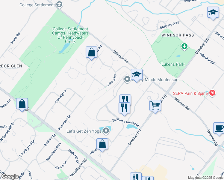 map of restaurants, bars, coffee shops, grocery stores, and more near 654 Manor Drive in Horsham