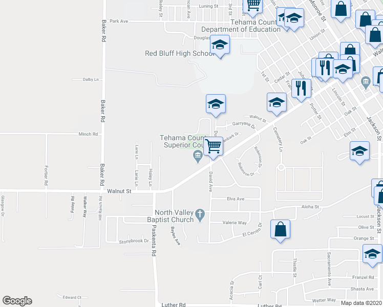 map of restaurants, bars, coffee shops, grocery stores, and more near 1790 Walnut Street in Red Bluff