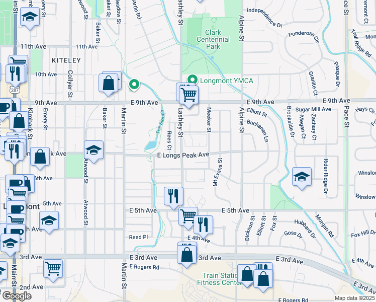 map of restaurants, bars, coffee shops, grocery stores, and more near 225 East 8th Avenue in Longmont