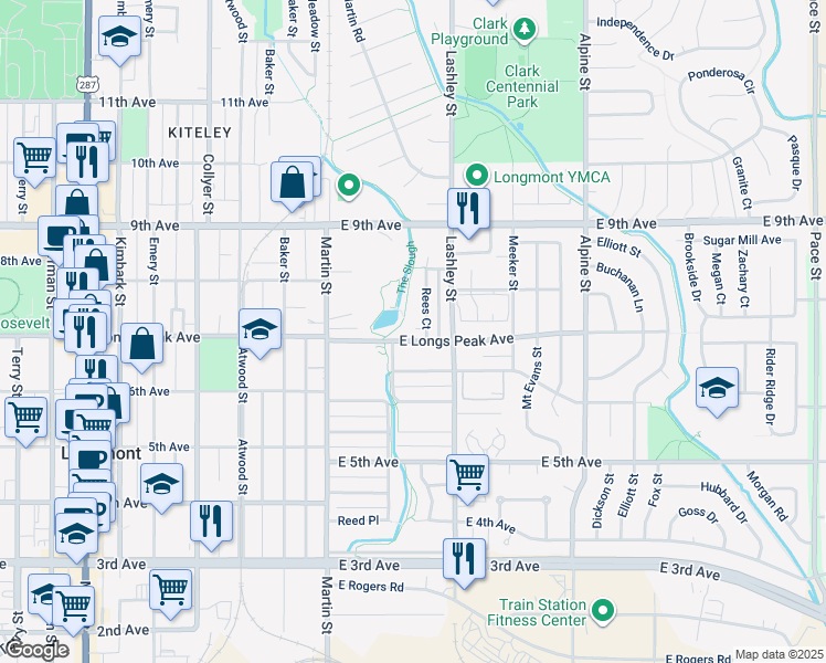 map of restaurants, bars, coffee shops, grocery stores, and more near 733 Rees Court in Longmont