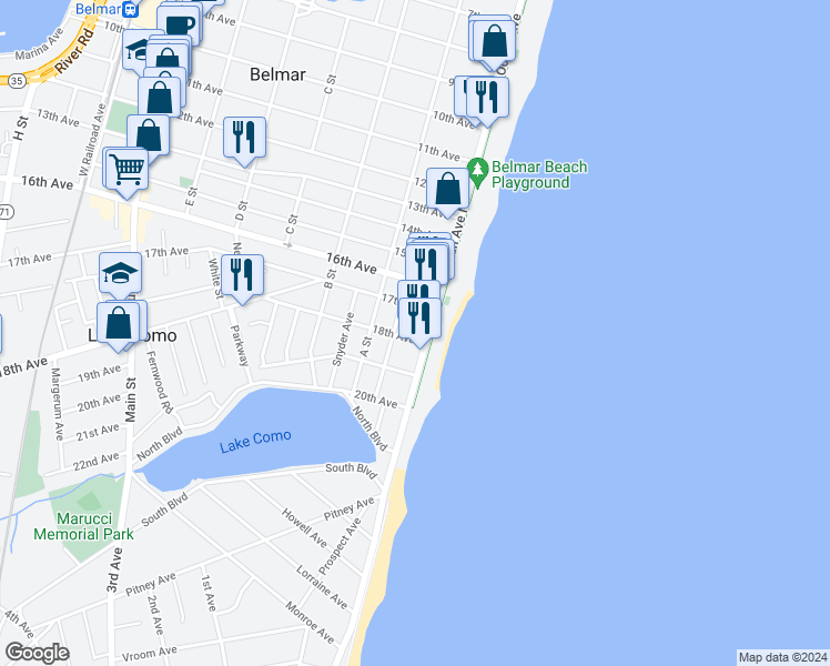 map of restaurants, bars, coffee shops, grocery stores, and more near 1607 Ocean Avenue in Belmar