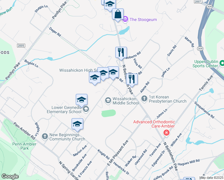 map of restaurants, bars, coffee shops, grocery stores, and more near 521 Houston Road in Ambler