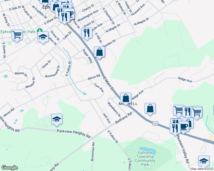 map of restaurants, bars, coffee shops, grocery stores, and more near 622 East Main Street in Ephrata