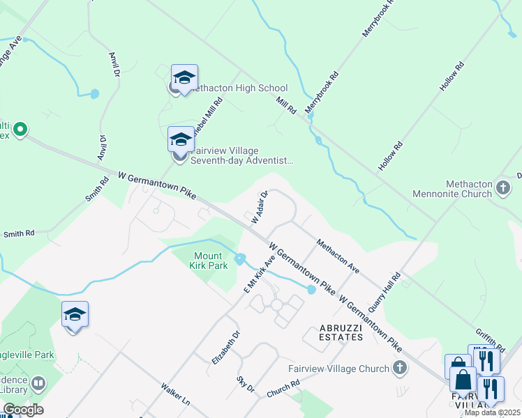 map of restaurants, bars, coffee shops, grocery stores, and more near 29 West Adair Drive in Norristown
