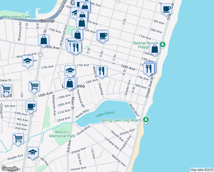 map of restaurants, bars, coffee shops, grocery stores, and more near 403 18th Avenue in Belmar