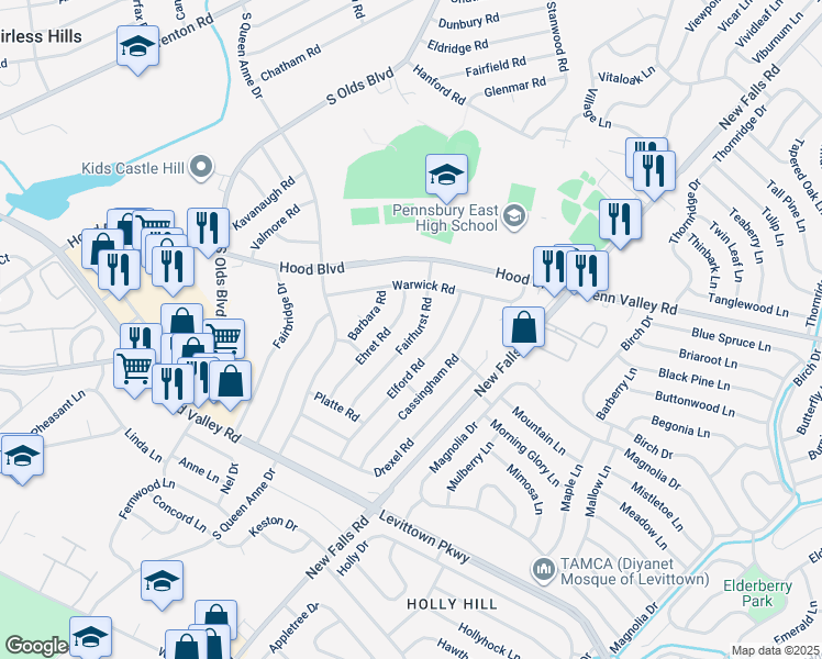 map of restaurants, bars, coffee shops, grocery stores, and more near 509 Fairhurst Road in Fairless Hills
