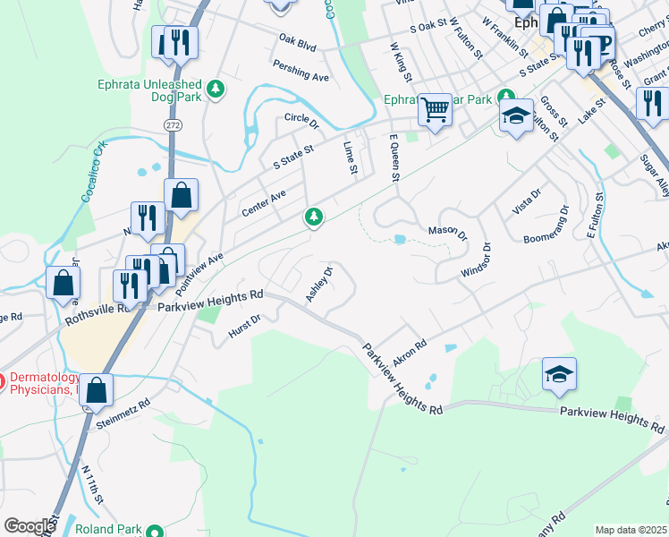 map of restaurants, bars, coffee shops, grocery stores, and more near 236 Heatherwood Drive in Ephrata