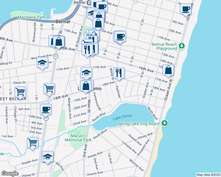 map of restaurants, bars, coffee shops, grocery stores, and more near 516 1/2 18th Avenue in Belmar